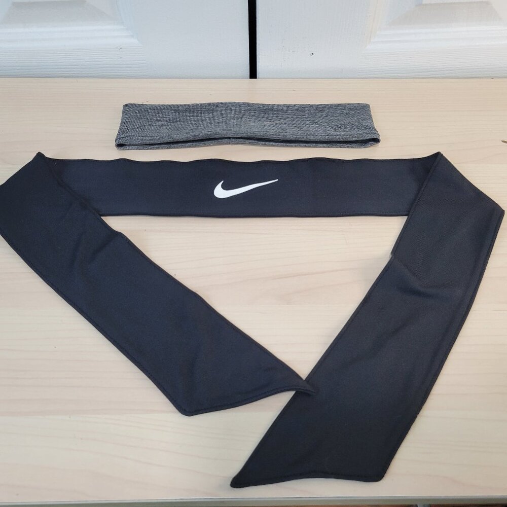 Bundle of 2 NIKE Swoosh Logo Headbands: Gray No-Slip, Black Dri-Fit Head Tie EUC